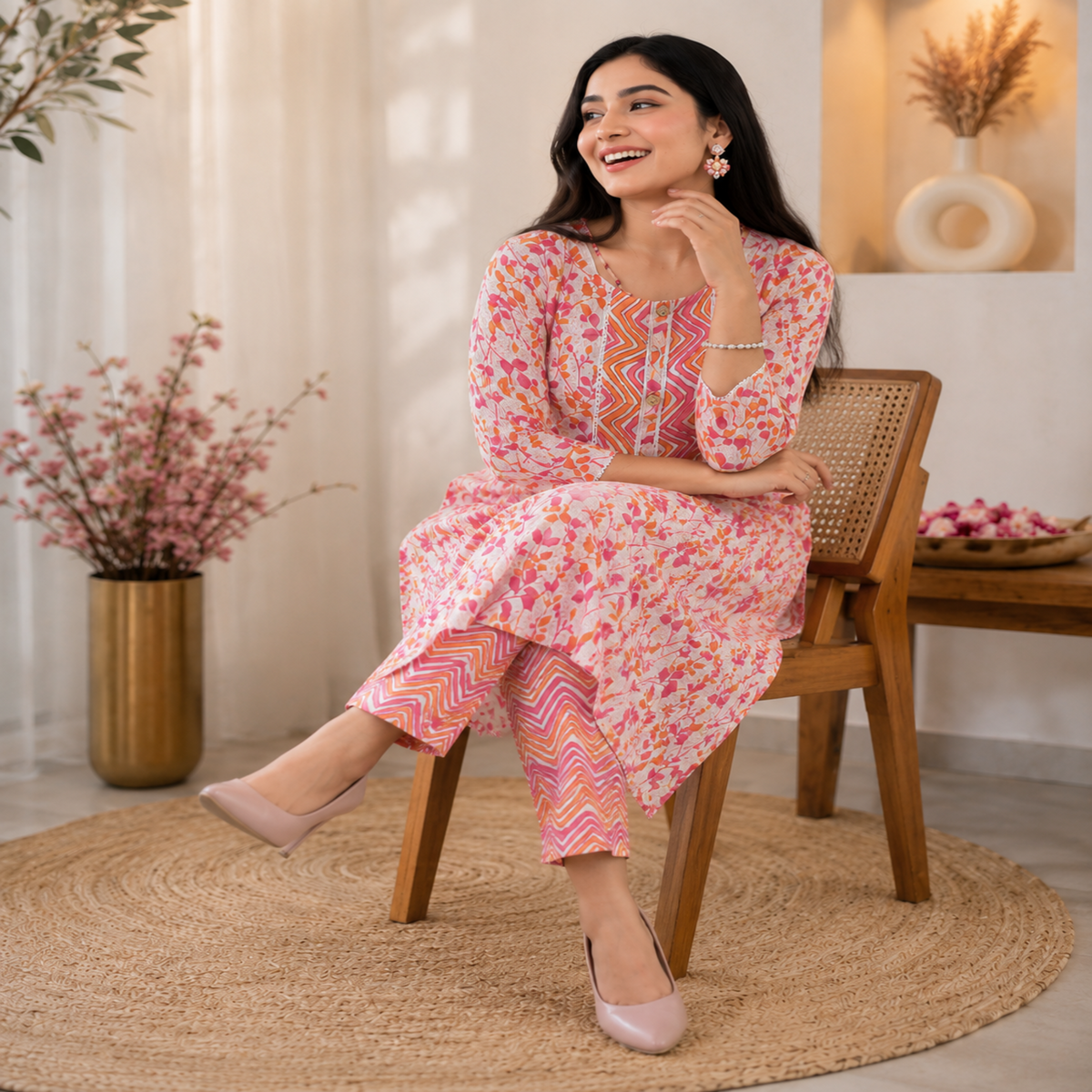 Pink Orange Cotton Floral Kurta Set for Women with Printed Kurta and Matching Straight Pants