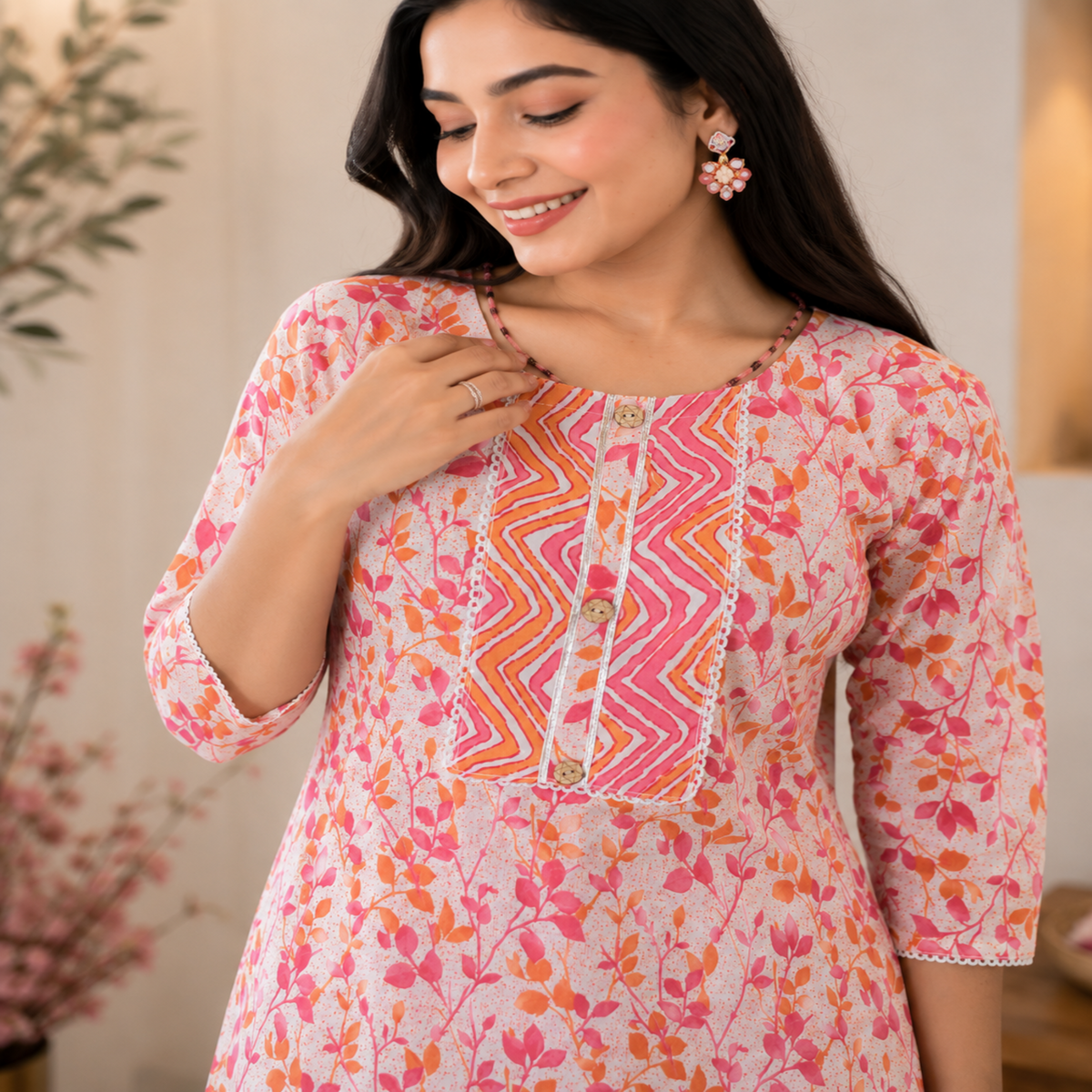 Pink Orange Cotton Floral Kurta Set for Women with Printed Kurta and Matching Straight Pants