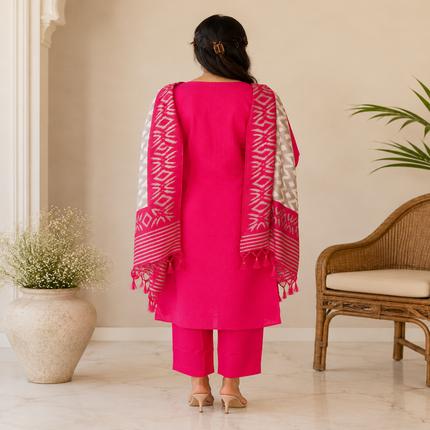 Rani Pink Schiffli Embroidered Kurta Pant Dupatta Suit for Women