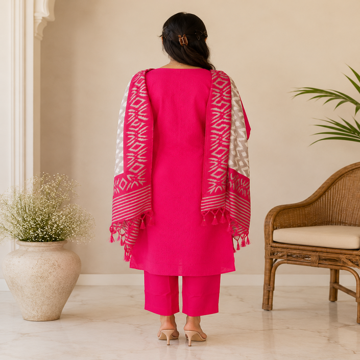 Rani Pink Schiffli Embroidered Kurta Pant Dupatta Suit for Women