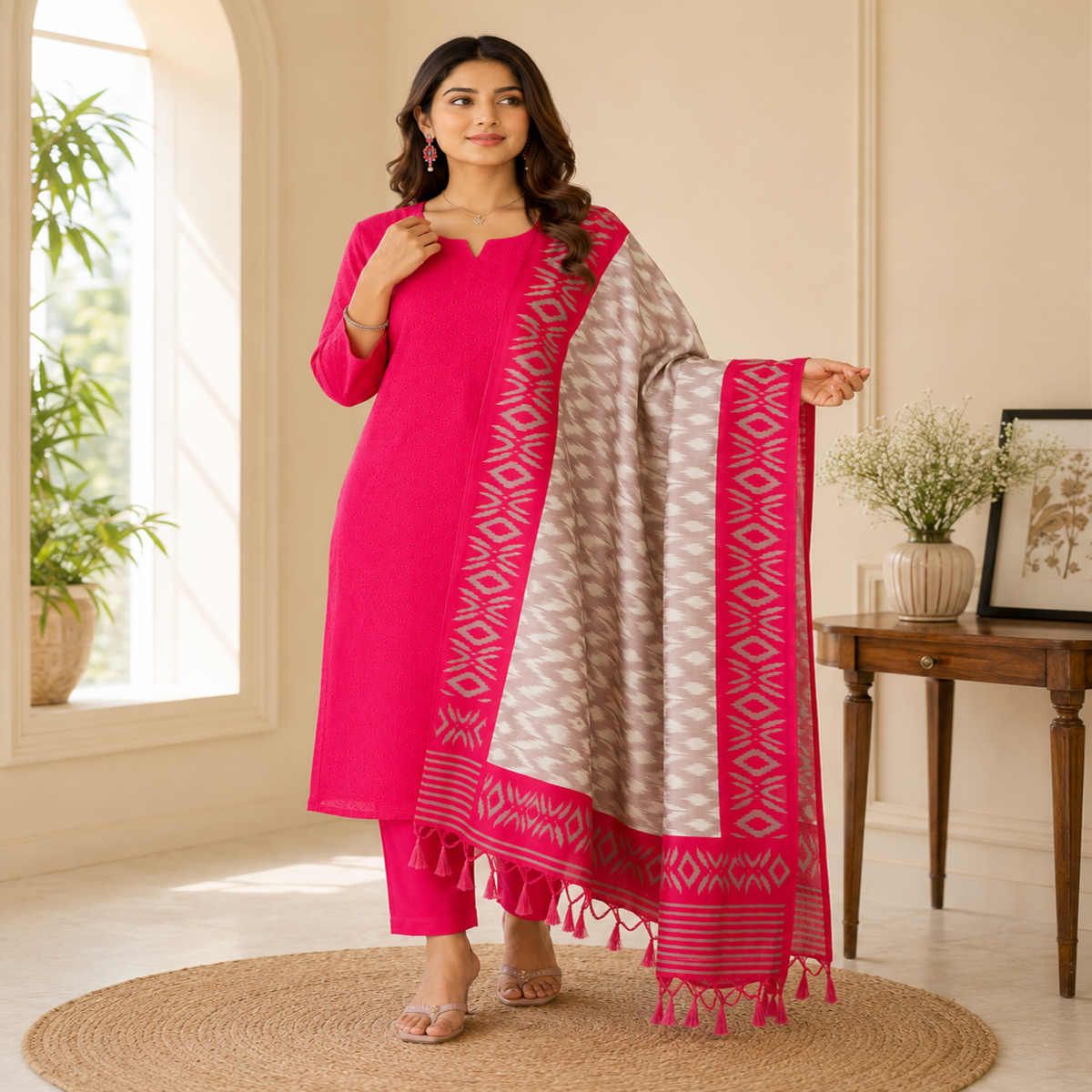 Rani Pink Schiffli Embroidered Kurta Pant Dupatta Suit for Women