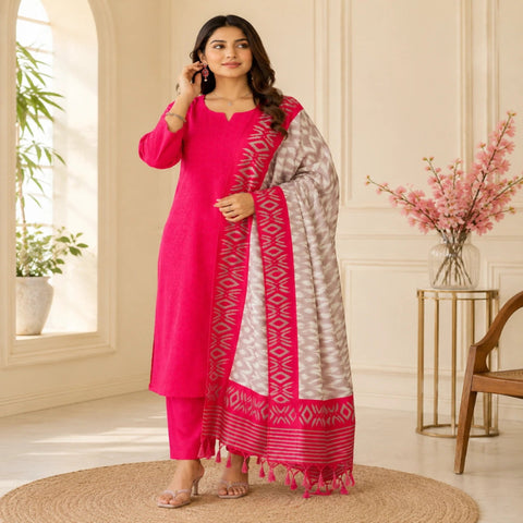 Rani Pink Schiffli Embroidered Kurta Pant Dupatta Suit for Women