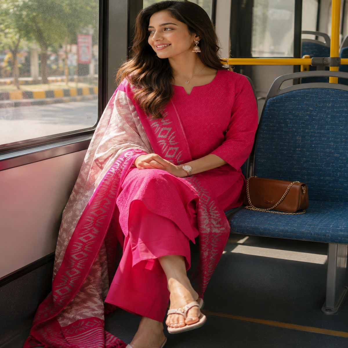 Rani Pink Schiffli Embroidered Kurta Pant Dupatta Suit for Women
