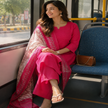 Rani Pink Schiffli Embroidered Kurta Pant Dupatta Suit for Women
