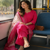Rani Pink Schiffli Embroidered Kurta Pant Dupatta Suit for Women