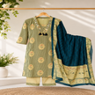 Beige teal blue cotton dupatta suit for women with printed kurta, straight pants and contrast dupatta