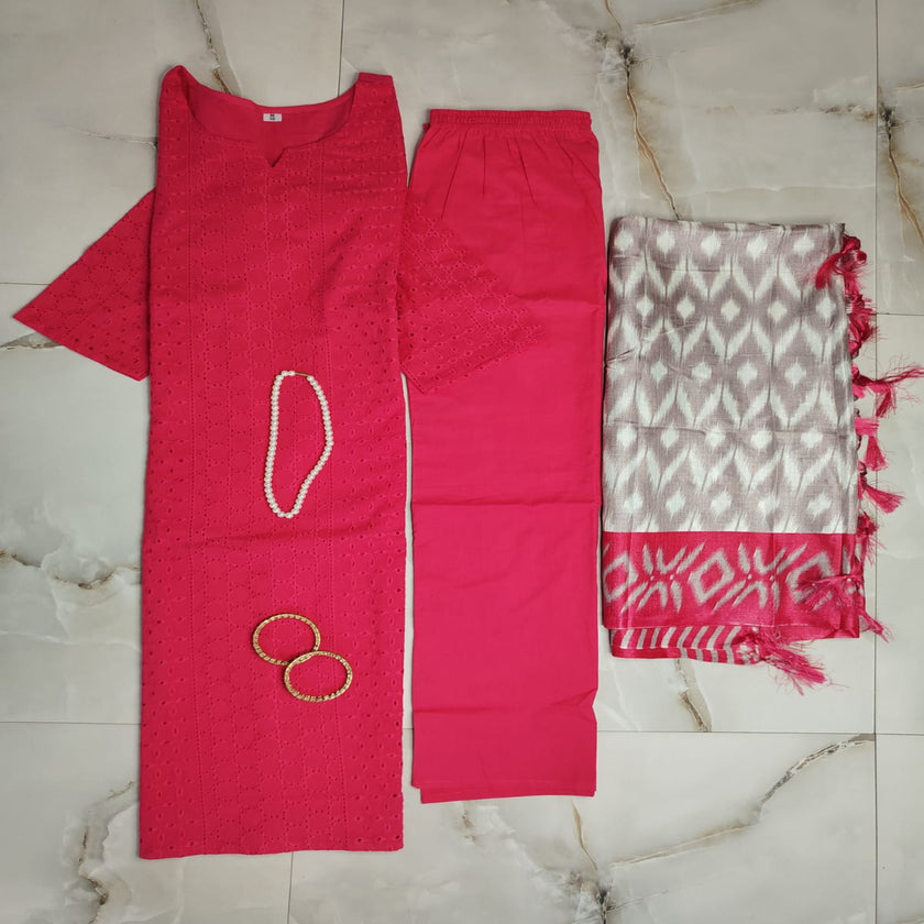 Rani Pink Schiffli Embroidered Kurta Pant Dupatta Suit for Women