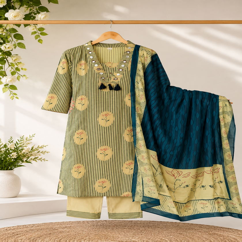 Beige teal blue cotton dupatta suit for women with printed kurta, straight pants and contrast dupatta
