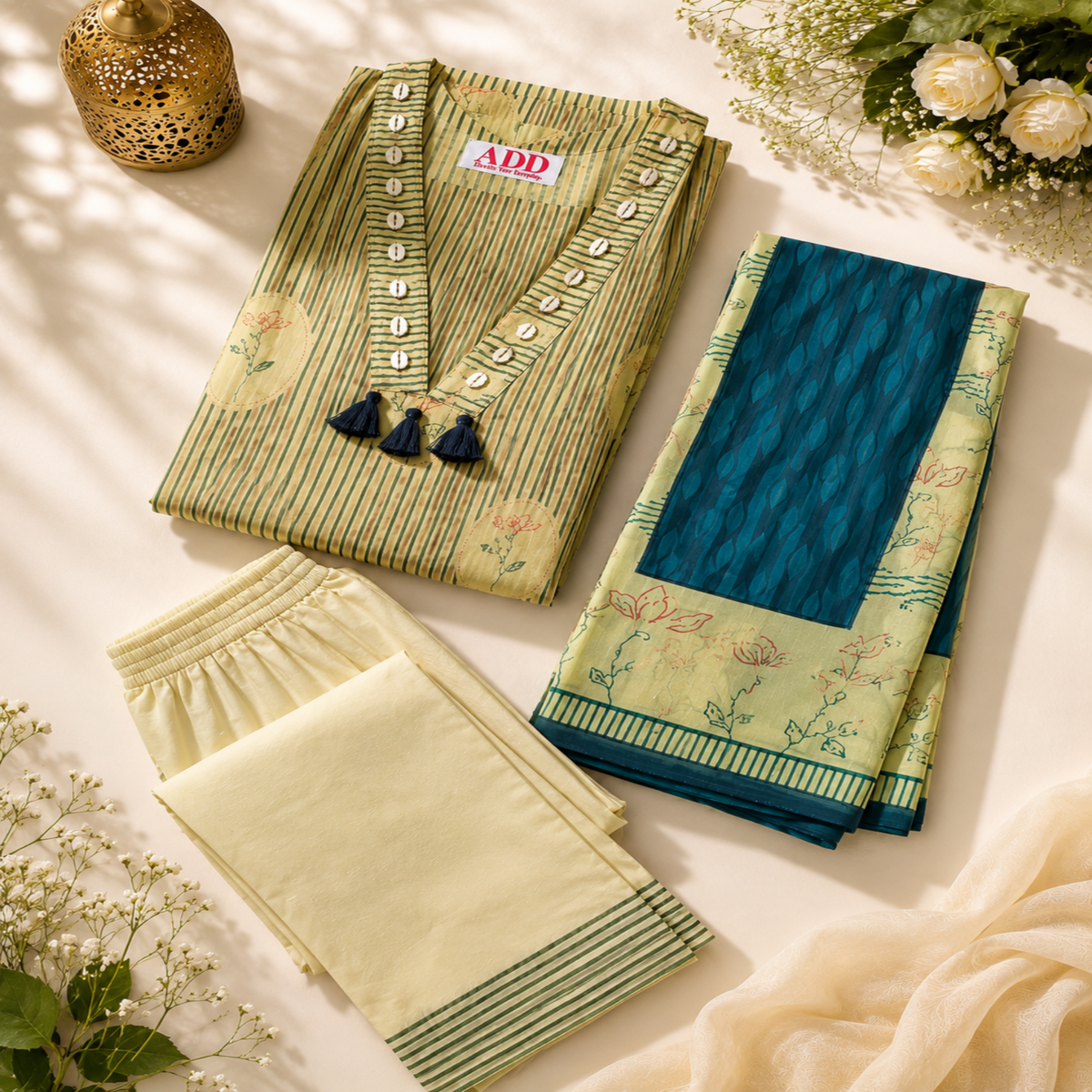 Beige teal blue cotton dupatta suit for women with printed kurta, straight pants and contrast dupatta