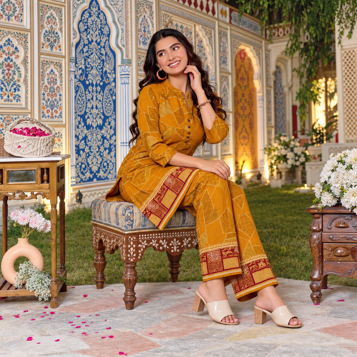 Mustard Geometry Red Bordered Co-ord Set