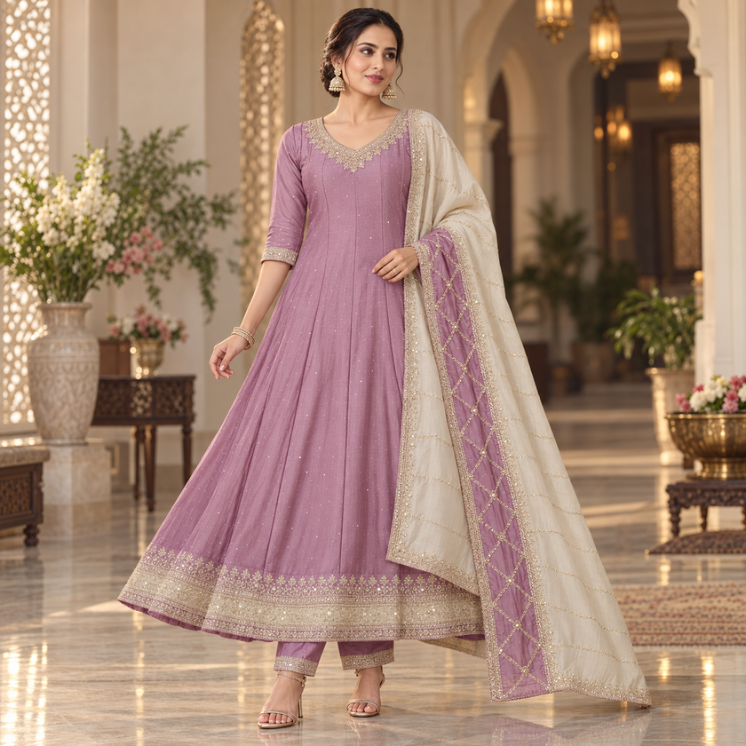 Purple  Embroidered Anarkali Suit with Dupatta