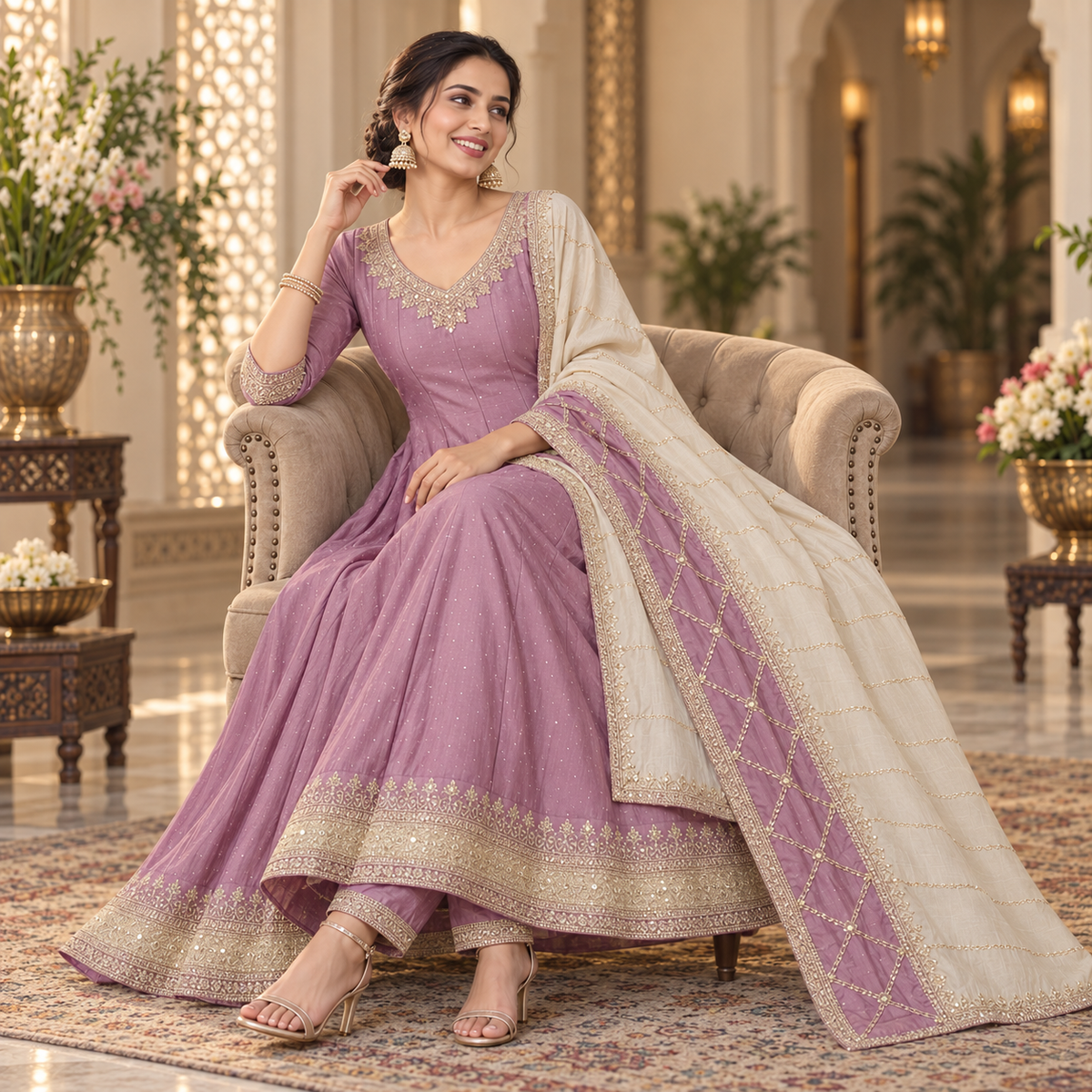 Purple  Embroidered Anarkali Suit with Dupatta