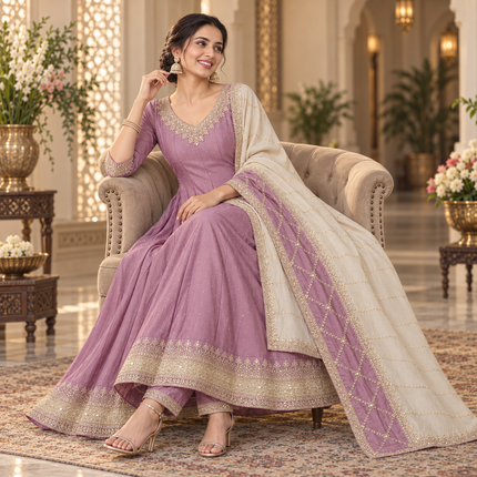 Purple  Embroidered Anarkali Suit with Dupatta