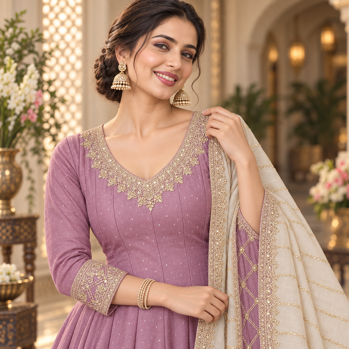 Purple  Embroidered Anarkali Suit with Dupatta