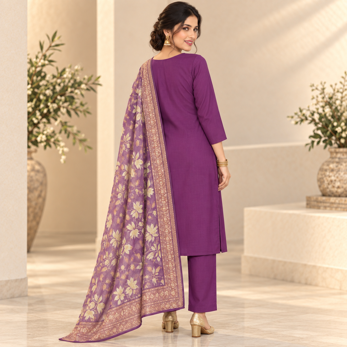 Wine Embroidered With Floral Dupatta Suit
