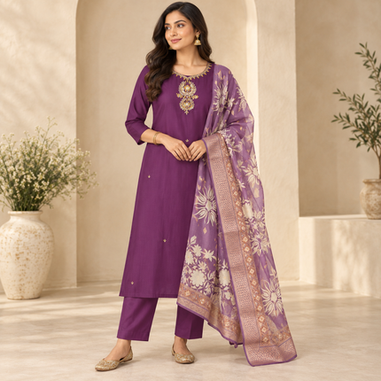 Wine Embroidered With Floral Dupatta Suit