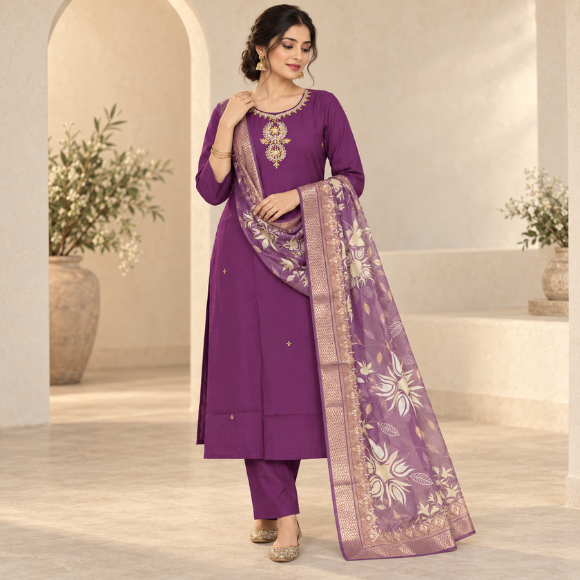 Wine Embroidered With Floral Dupatta Suit
