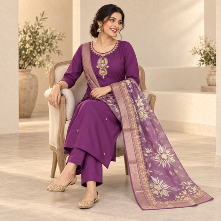 Wine Embroidered With Floral Dupatta Suit