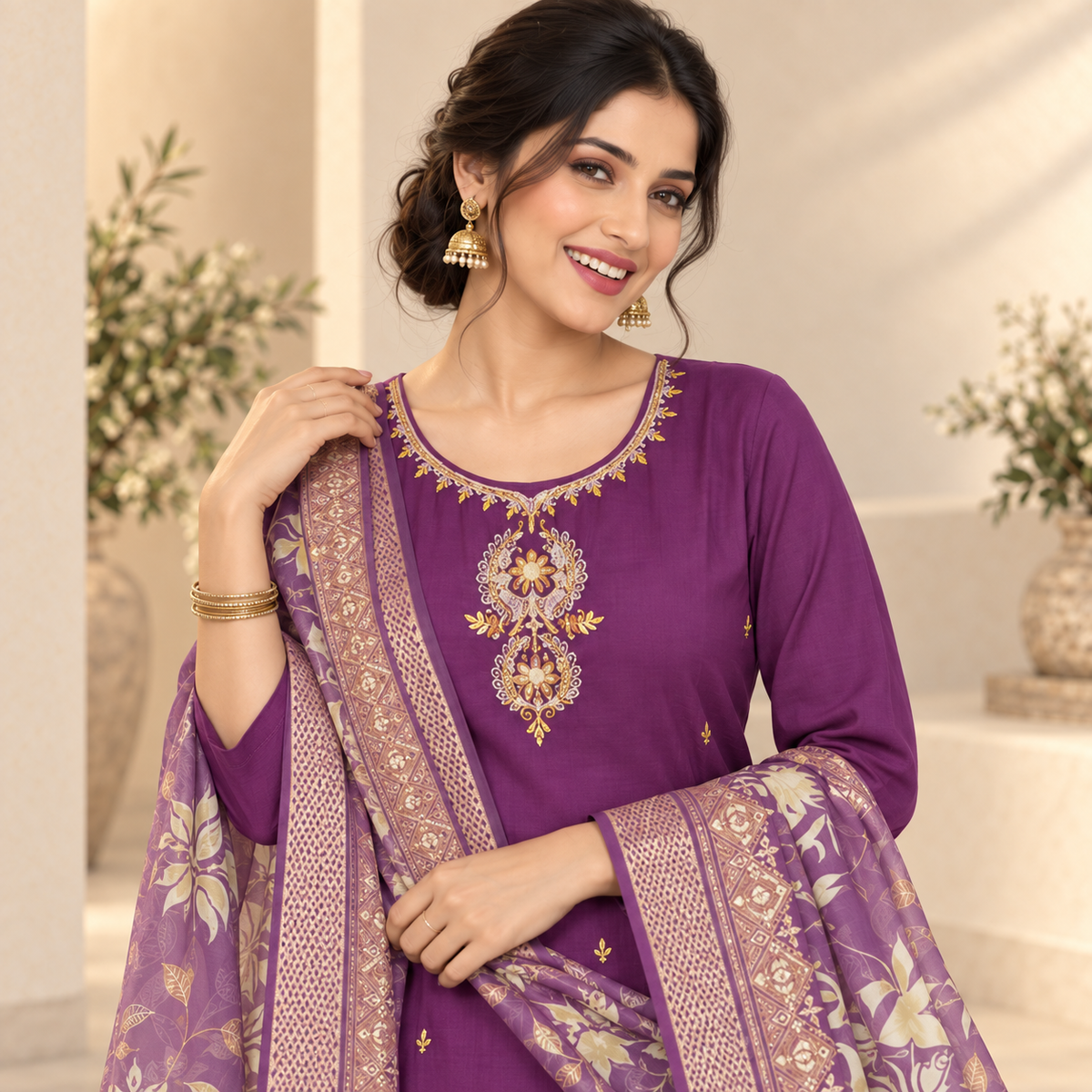 Wine Embroidered With Floral Dupatta Suit