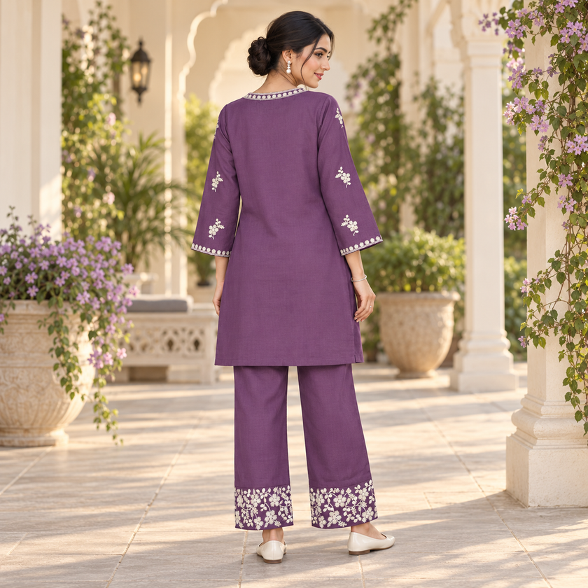 Purple Ivory Embroidered Cord Set