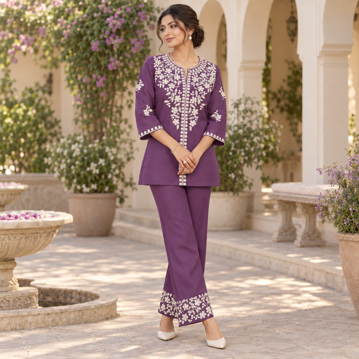 Purple Ivory Embroidered Cord Set