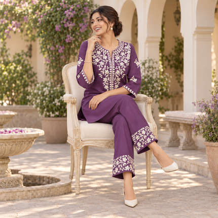 Purple Ivory Embroidered Cord Set