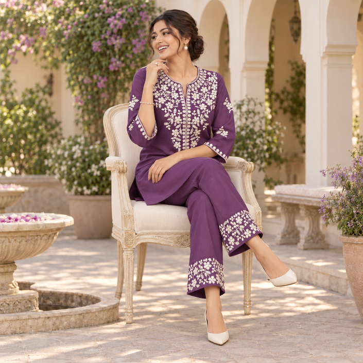 Purple Ivory Embroidered Cord Set