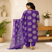Purple block print cotton dupatta suit for women with printed kurta, pants and ethnic dupatta
