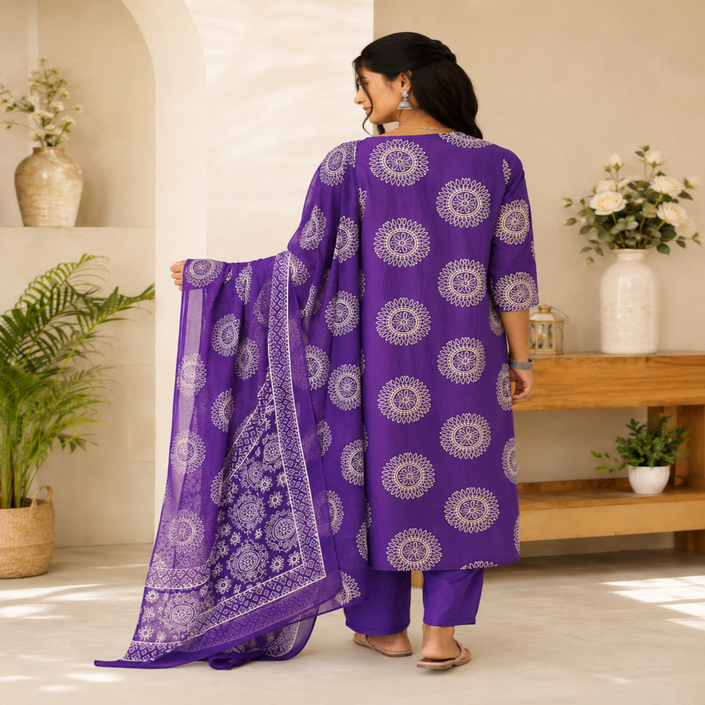 Purple block print cotton dupatta suit for women with printed kurta, pants and ethnic dupatta