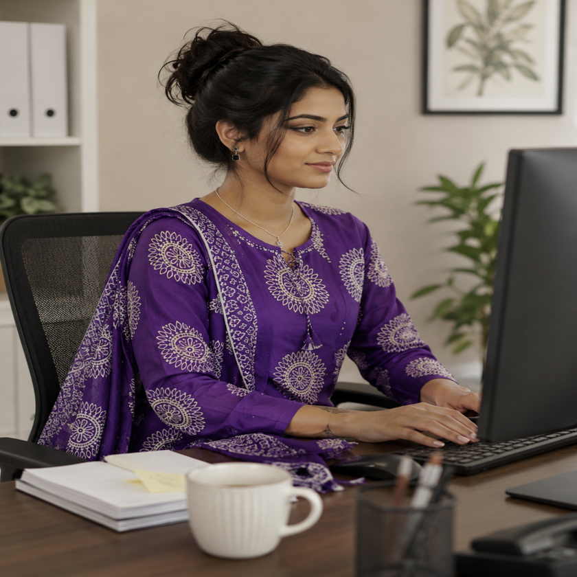 Purple block print cotton dupatta suit for women with printed kurta, pants and ethnic dupatta