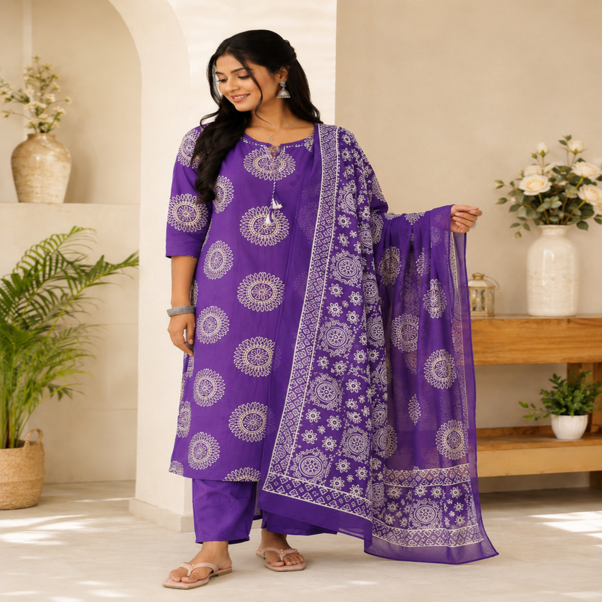 Purple block print cotton dupatta suit for women with printed kurta, pants and ethnic dupatta