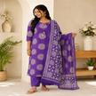 Purple block print cotton dupatta suit for women with printed kurta, pants and ethnic dupatta