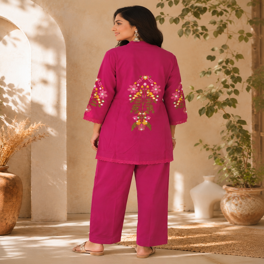 Purple Embroidered Pure Cotton Co-Ord Set for Women with Straight Pants