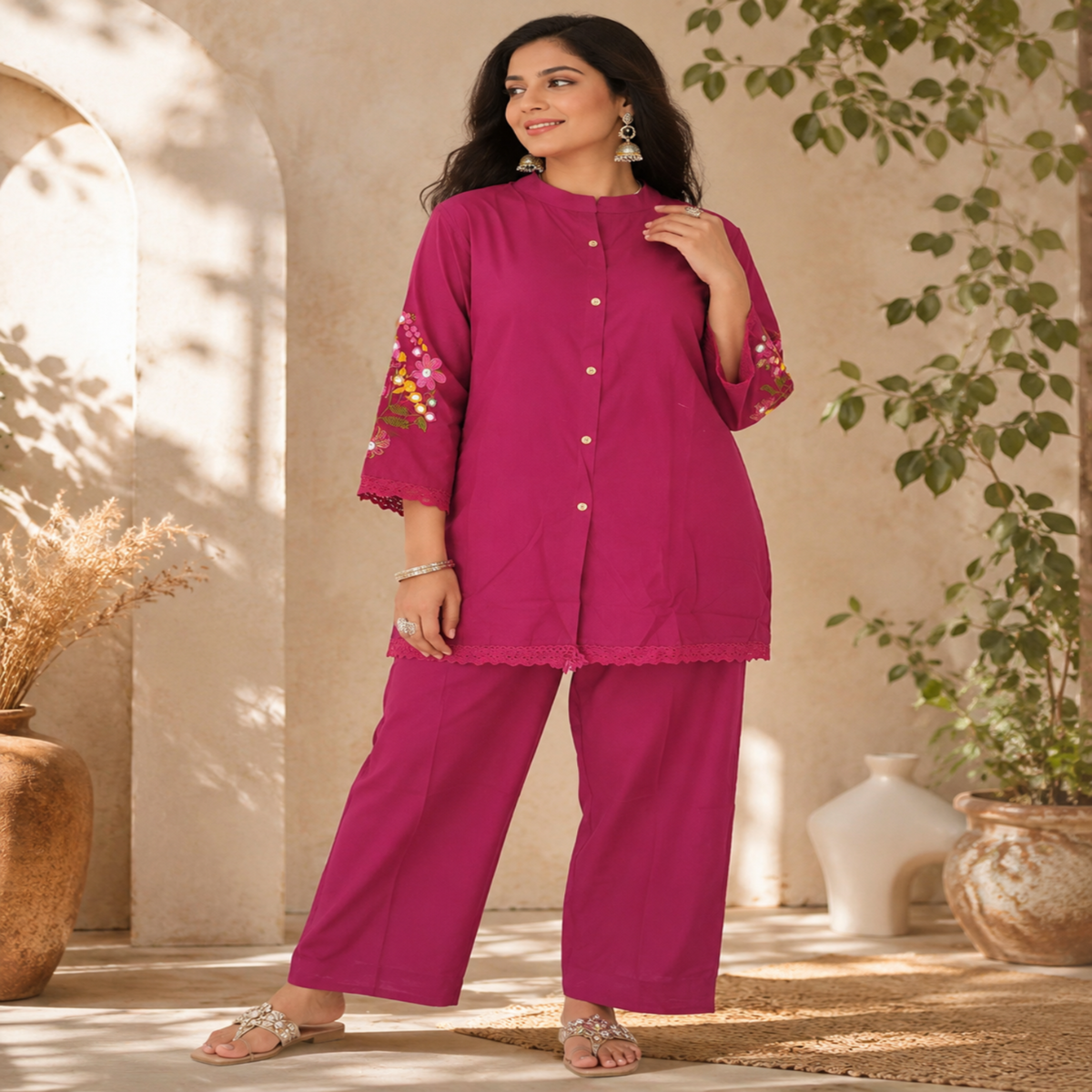 Purple Embroidered Pure Cotton Co-Ord Set for Women with Straight Pants