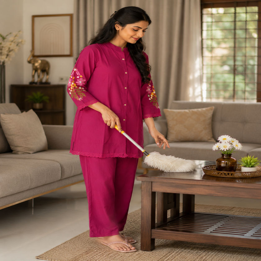 Purple Embroidered Pure Cotton Co-Ord Set for Women with Straight Pants