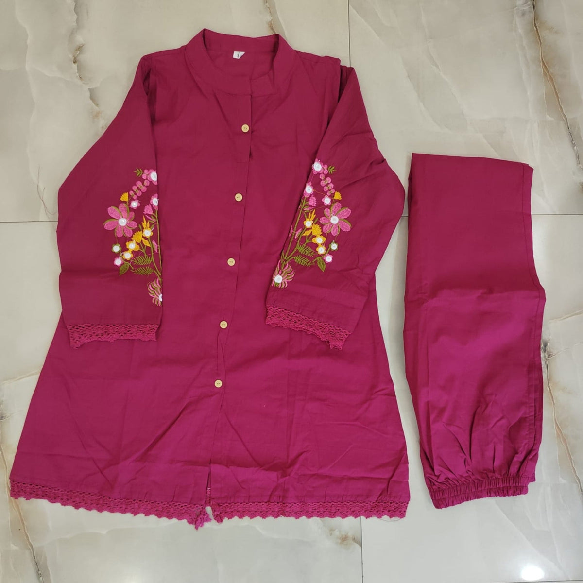 Purple Embroidered Pure Cotton Co-Ord Set for Women with Straight Pants