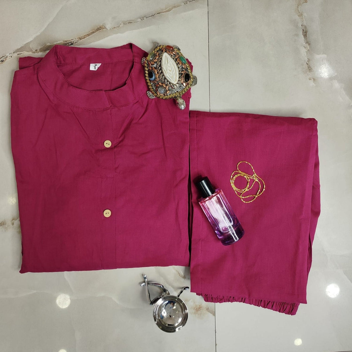 Purple Embroidered Pure Cotton Co-Ord Set for Women with Straight Pants