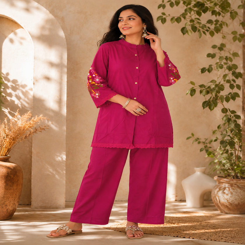 Purple Embroidered Pure Cotton Co-Ord Set for Women with Straight Pants