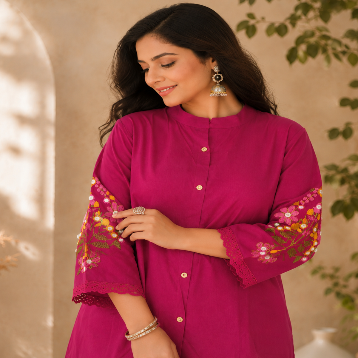 Purple Embroidered Pure Cotton Co-Ord Set for Women with Straight Pants