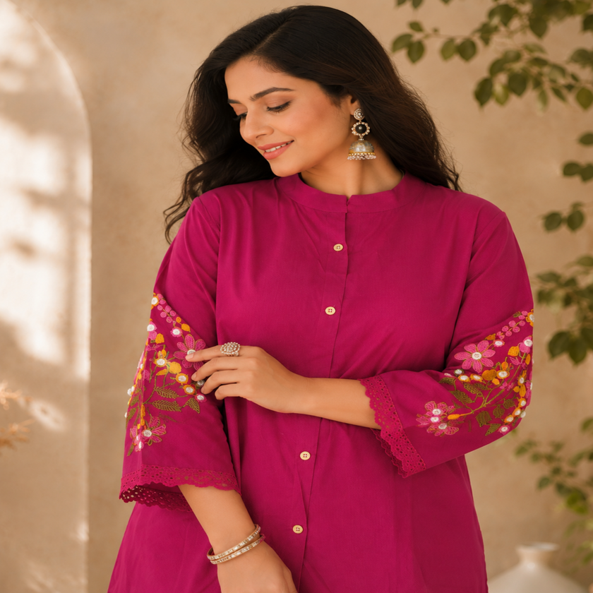 Purple Embroidered Pure Cotton Co-Ord Set for Women with Straight Pants