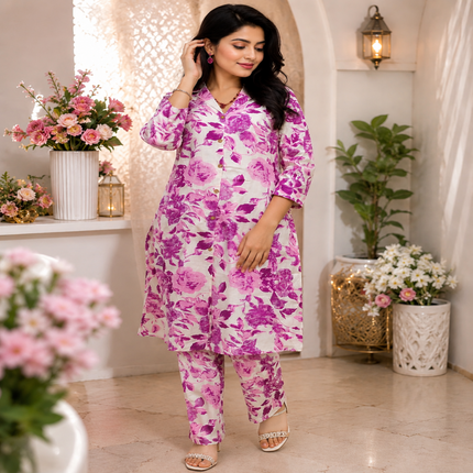 Purple floral printed co-ord set for women with longline tunic and matching straight-fit pants