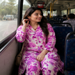 Purple floral printed co-ord set for women with longline tunic and matching straight-fit pants