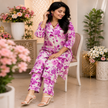 Purple floral printed co-ord set for women with longline tunic and matching straight-fit pants