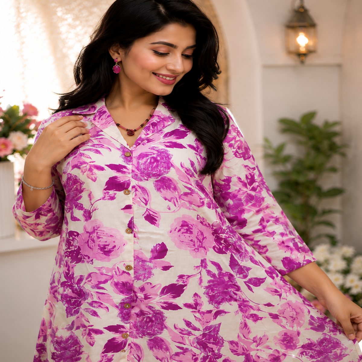 Purple floral printed co-ord set for women with longline tunic and matching straight-fit pants