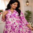 Purple floral printed co-ord set for women with longline tunic and matching straight-fit pants