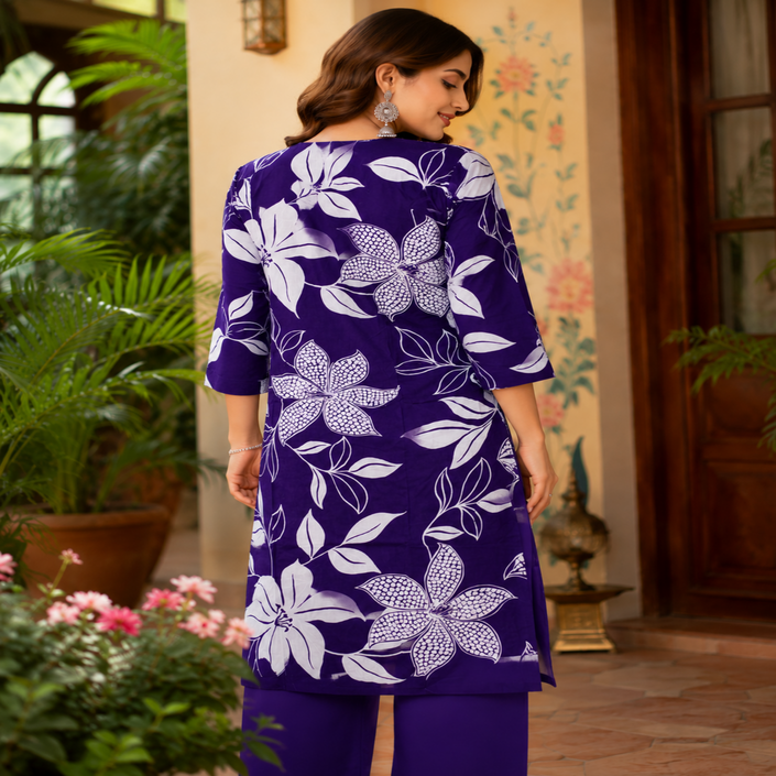 Purple floral cotton kurta set for women with printed kurta and matching pants