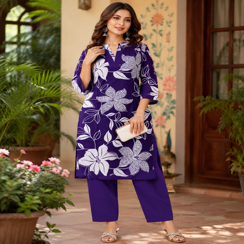 Purple floral cotton kurta set for women with printed kurta and matching pants