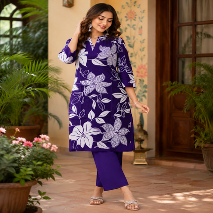 Purple floral cotton kurta set for women with printed kurta and matching pants