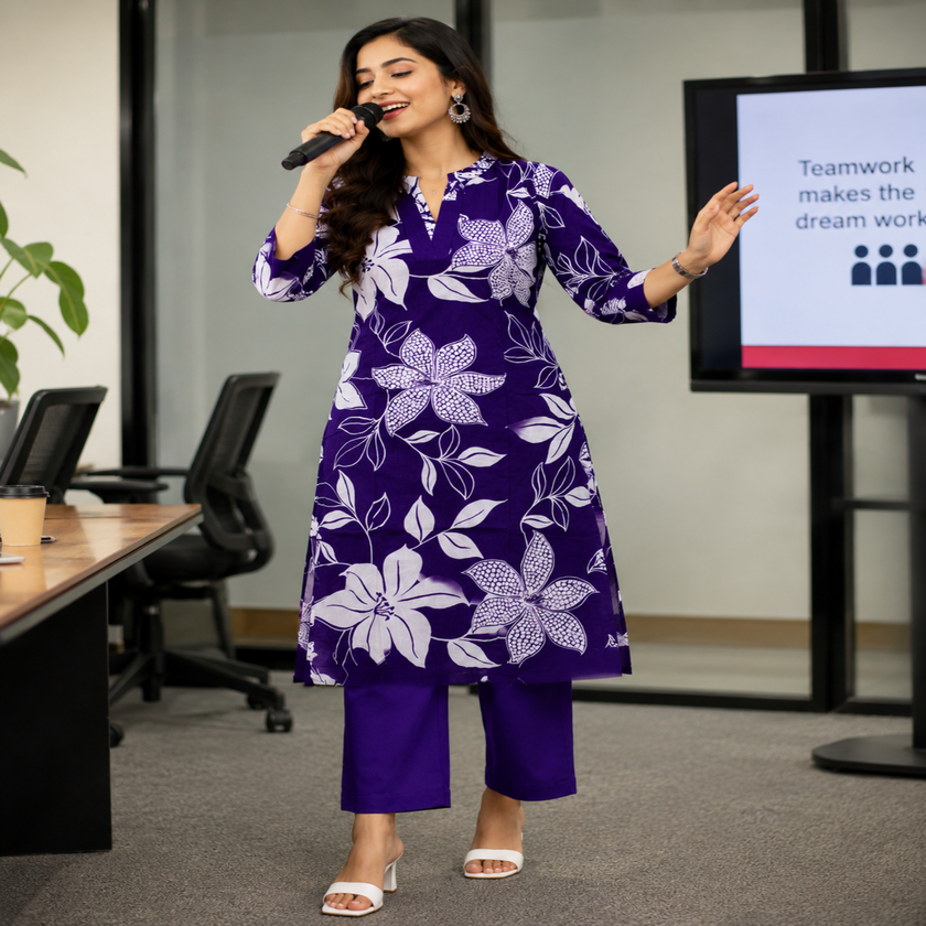 Purple floral cotton kurta set for women with printed kurta and matching pants