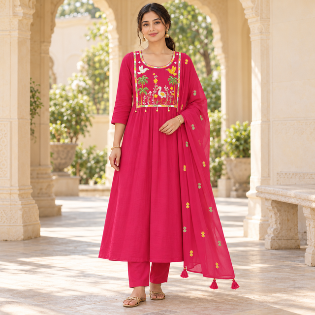 Pink Yoke Embroidery Designer Dupatta Suit